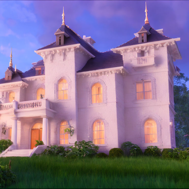 Victorian-style animated mansion in purple twilight with lush greenery