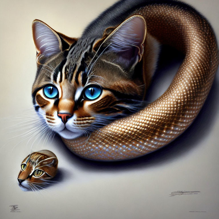 Hyper-realistic artwork of cat with blue eyes merging into coiled snake, reflecting normal cat.