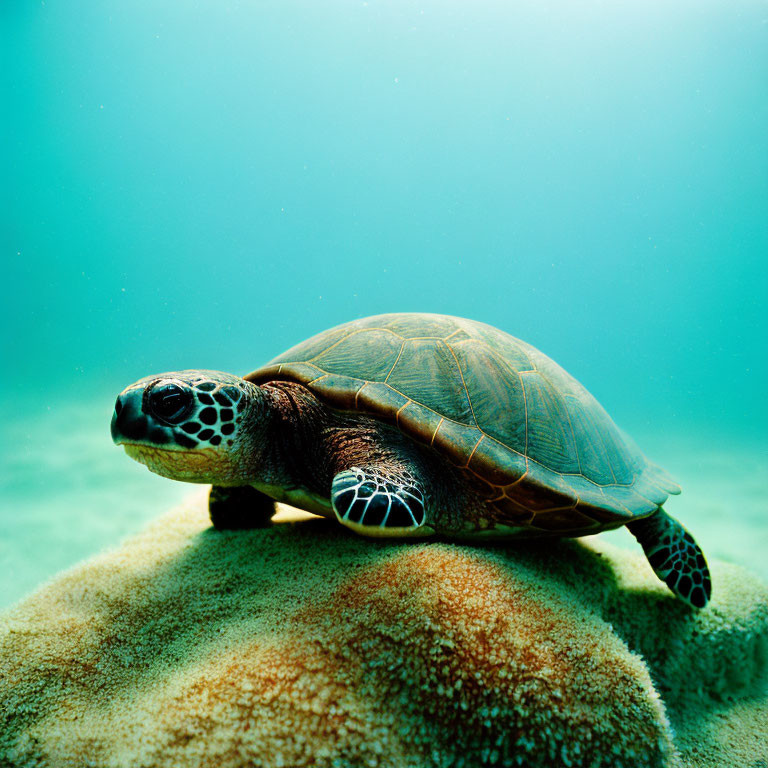 Sea turtle resting on coral with patterned flippers in greenish-blue ocean
