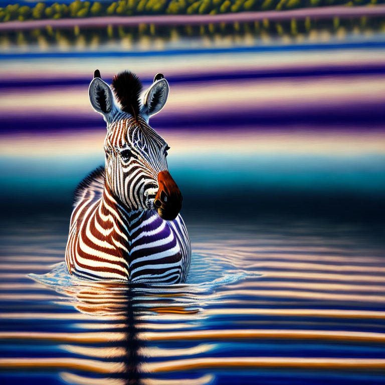 Striped Zebra Reflected in Colorful Water on Purple and Blue Background
