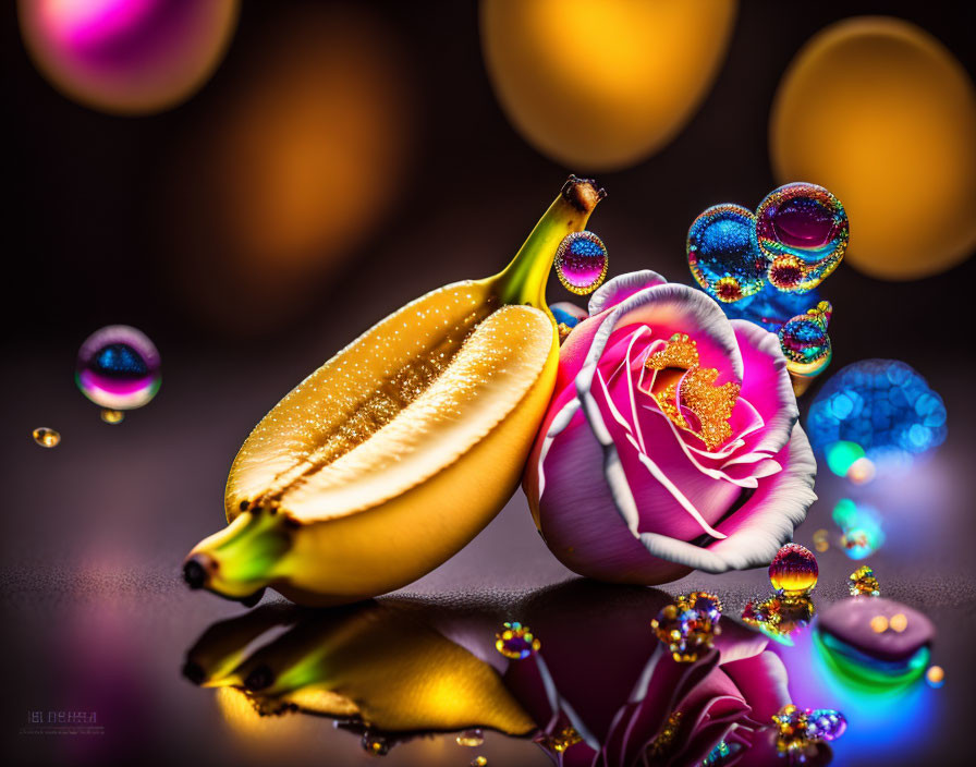 Peeled Banana, Pink Rose, Colorful Bubbles, Bokeh Background