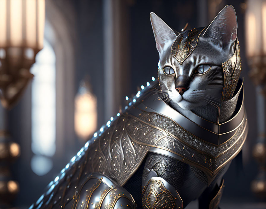 Digitally-rendered metallic cat in ornate armor in softly-lit hall