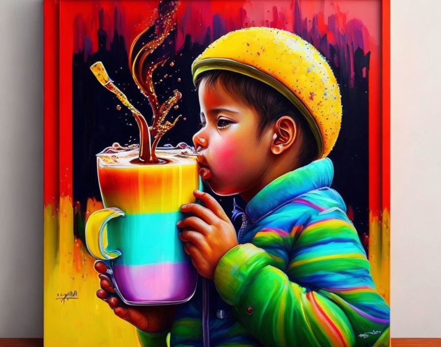 Child in Colorful Jacket Blows on Whimsical Steaming Cup