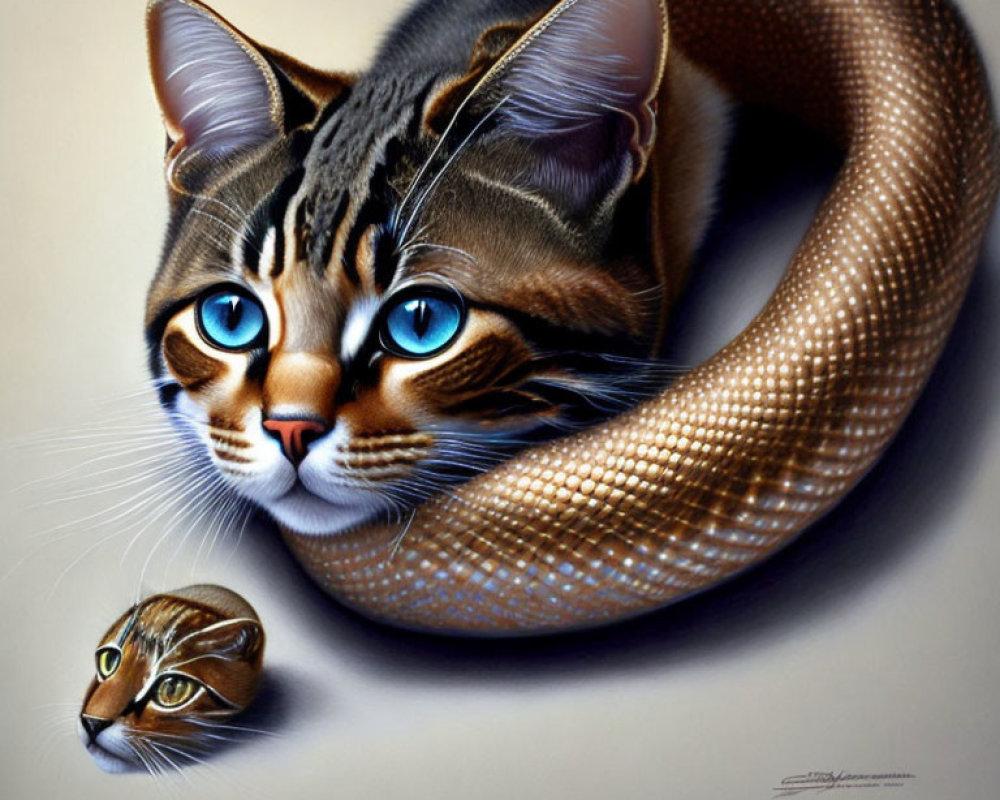 Hyper-realistic artwork of cat with blue eyes merging into coiled snake, reflecting normal cat.