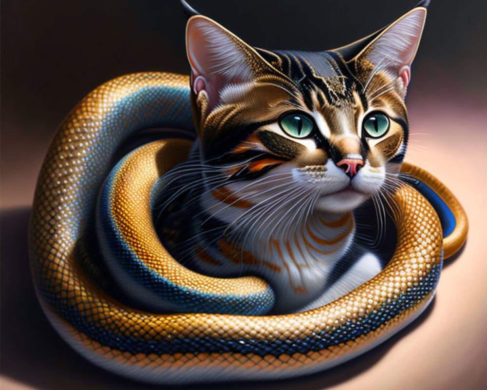 Hyper-realistic painting of cat with snake's body on soft surface
