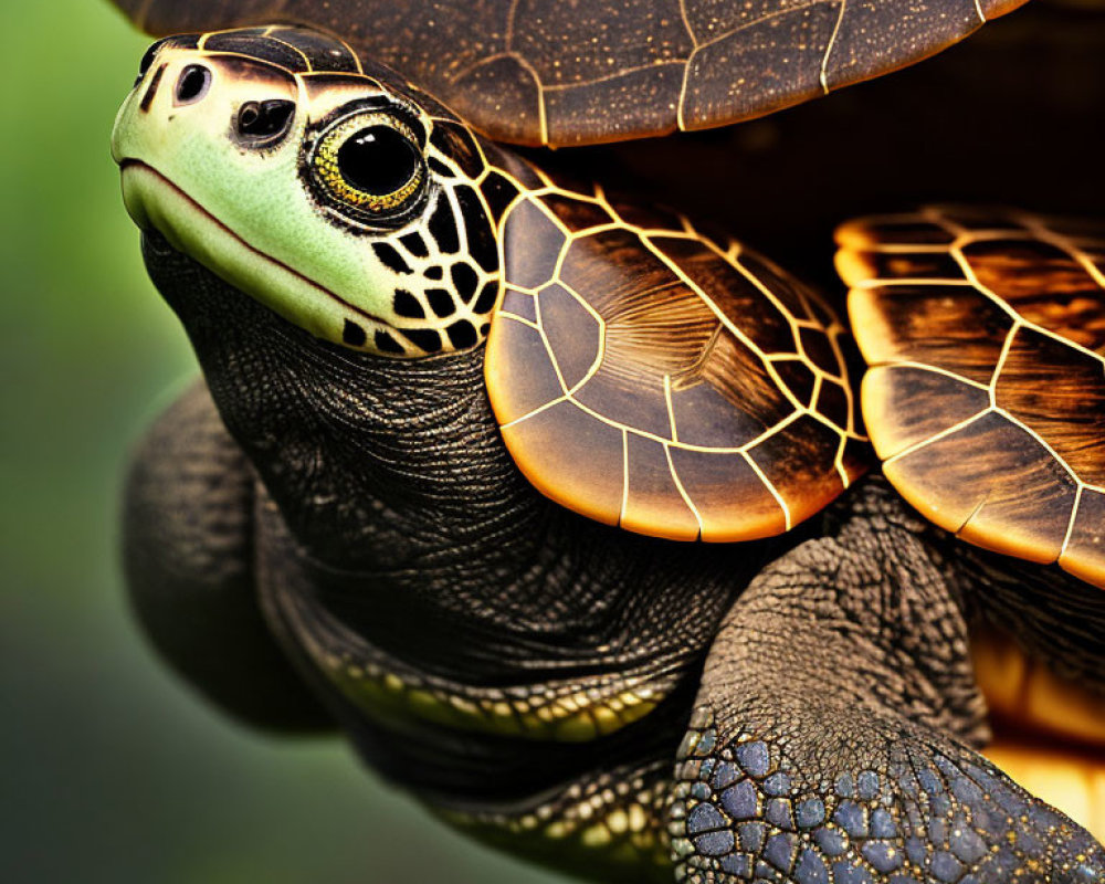 Detailed view of patterned turtle shell and textured skin