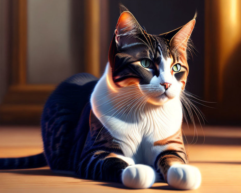 Tabby Cat with White and Black Stripes Sunlit on Wooden Floor
