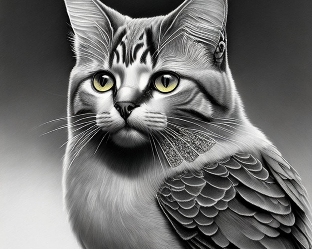 Monochromatic cat and owl hybrid with yellow eyes