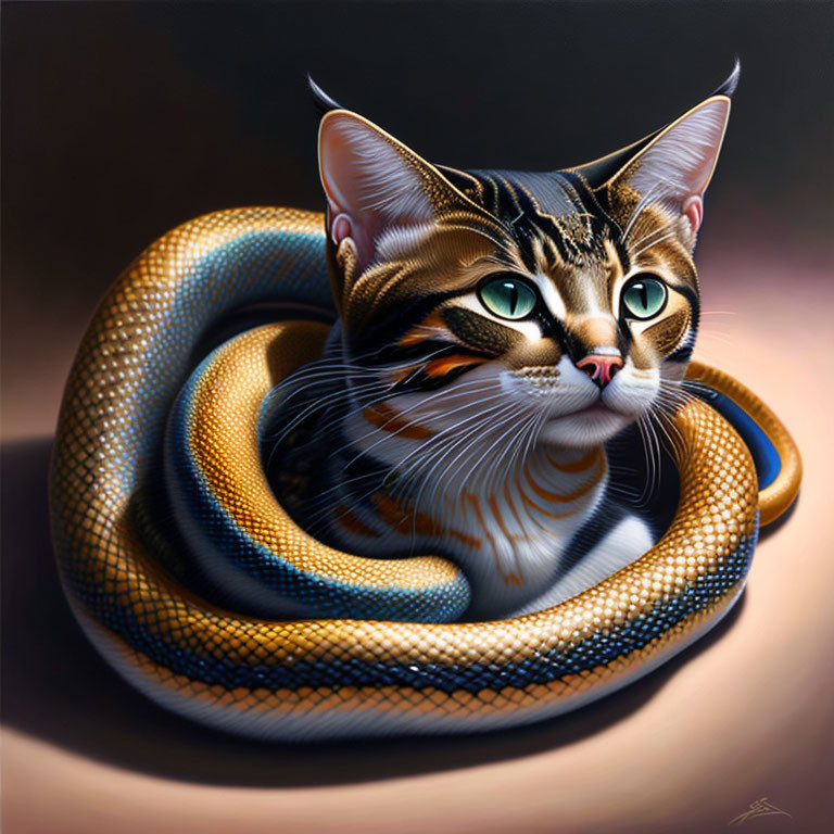 Hyper-realistic painting of cat with snake's body on soft surface