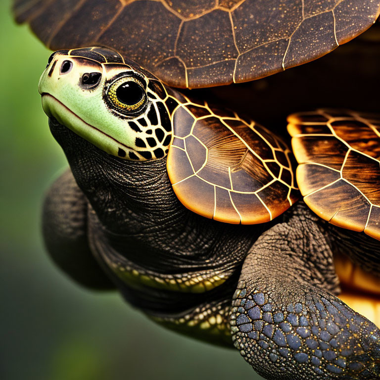 Detailed view of patterned turtle shell and textured skin