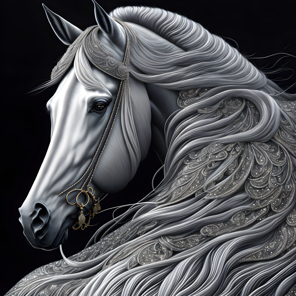Detailed White Horse Artwork with Beaded Mane and Golden Bridle
