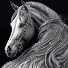 Detailed White Horse Artwork with Beaded Mane and Golden Bridle