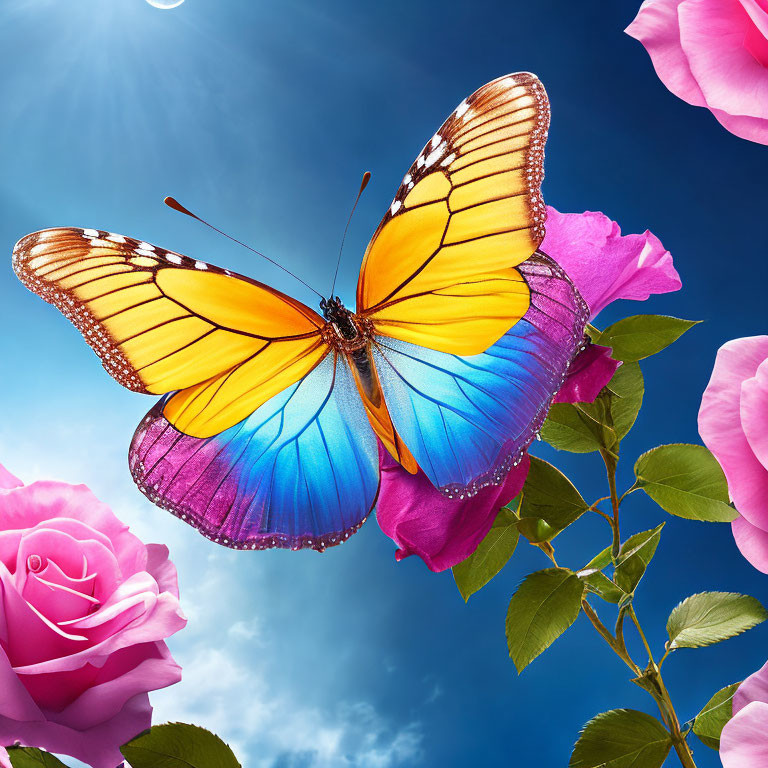 Colorful butterfly hovering over pink roses under sunny sky