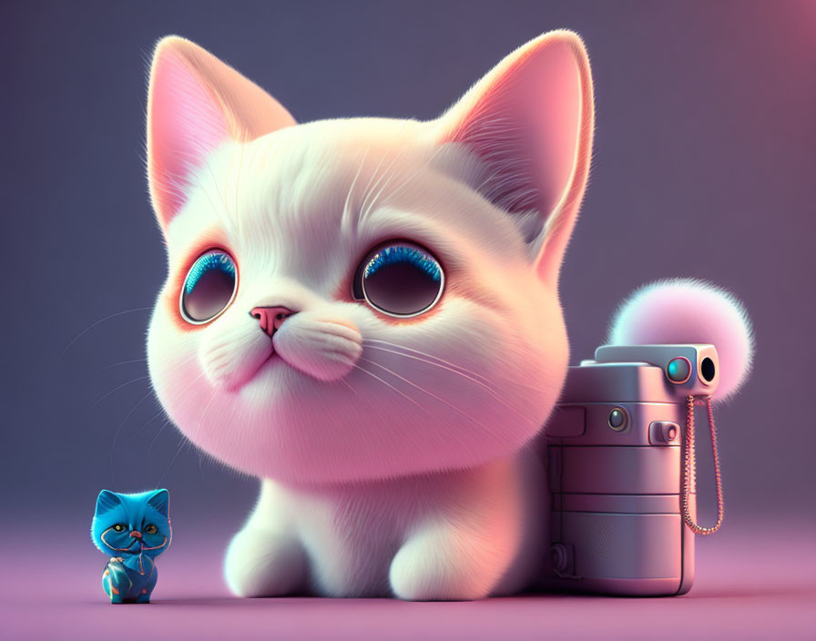 Stylized digital artwork of curious white kitten and blue figure with camera