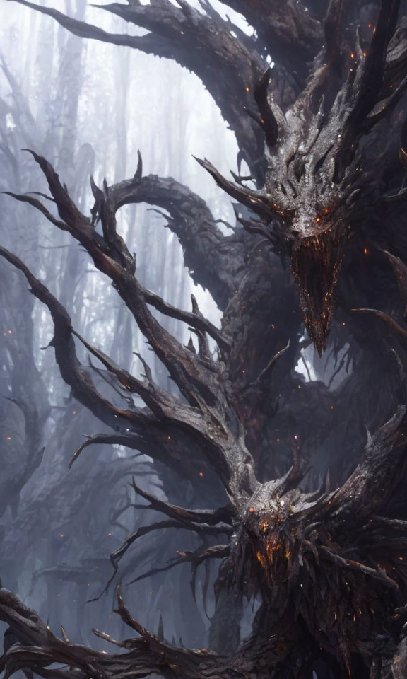 Mystical Dark Tree-Like Creature in Foggy Forest with Orange Glows