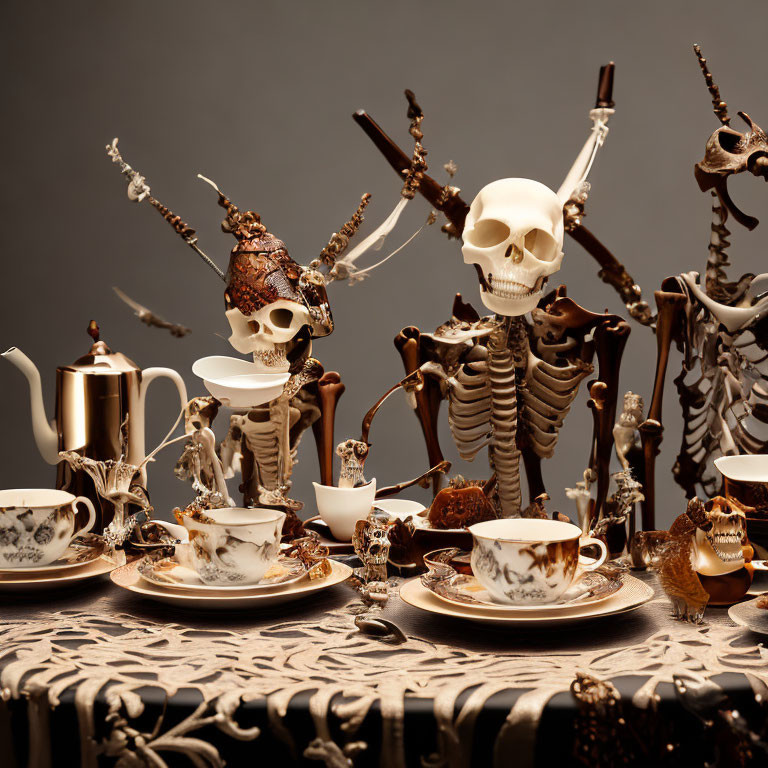 Whimsical tea party with skeletons and insects on muted backdrop