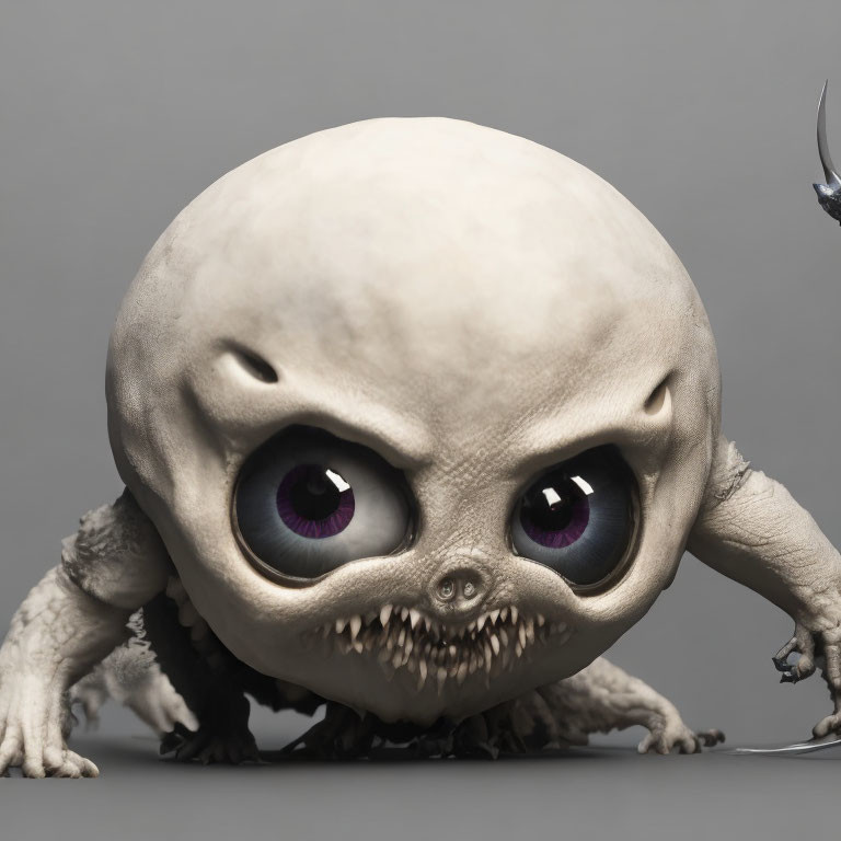 3D-rendered creature with large head and purple eyes on grey background