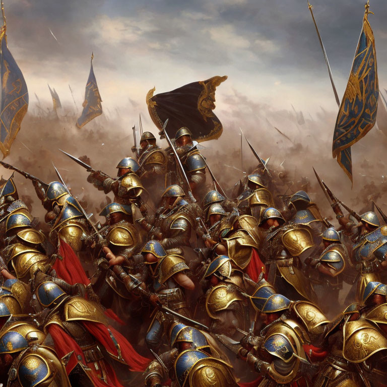 Warriors in Golden Armor Advancing in Battle Under Cloudy Sky