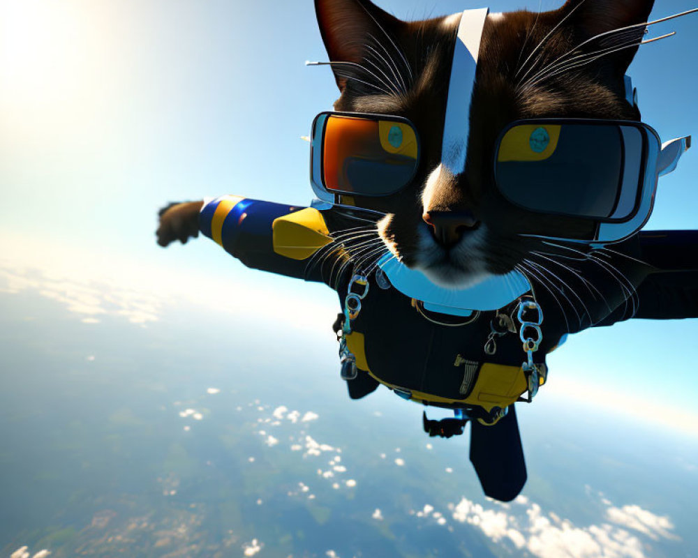 Cat in flight suit skydiving under clear sky with scattered clouds