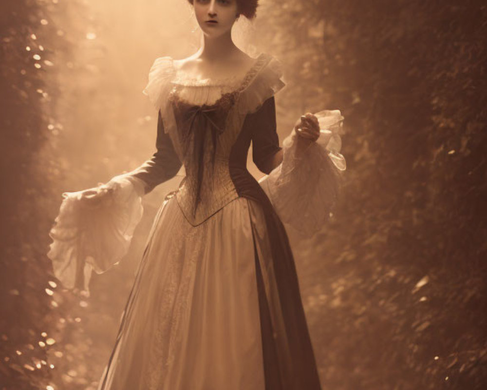 Woman in vintage dress in foggy forest evokes mysterious nostalgia