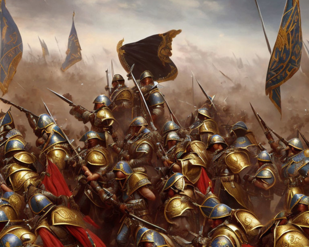 Warriors in Golden Armor Advancing in Battle Under Cloudy Sky