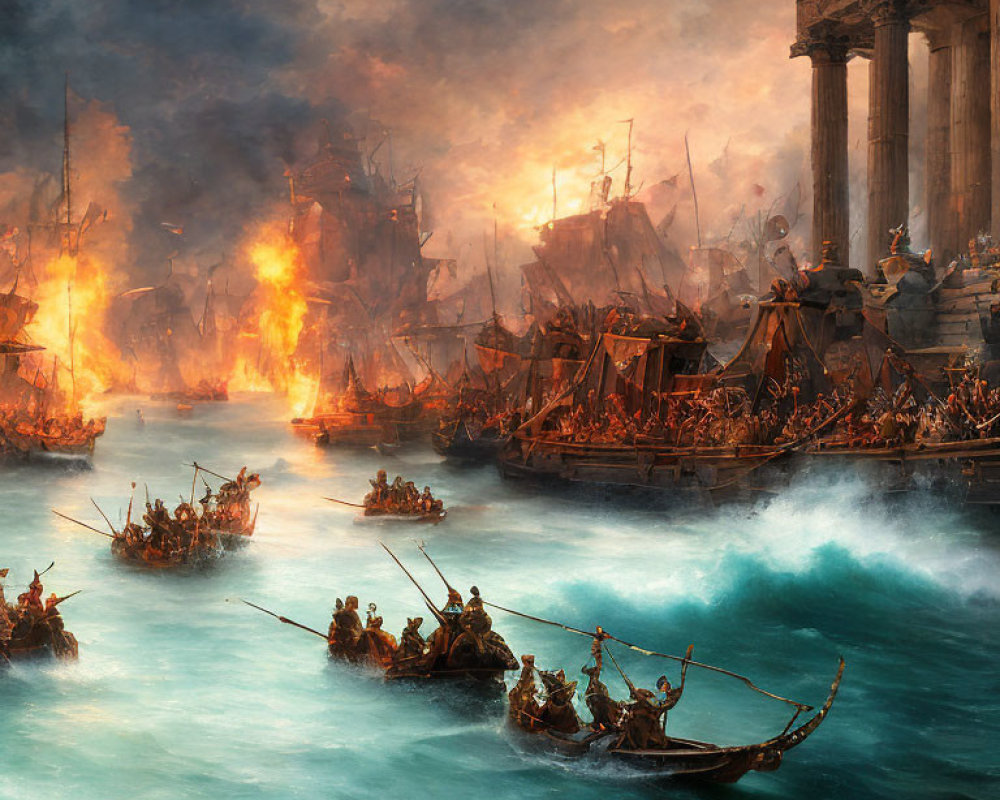 Fiery naval battle scene with ancient ships and burning city