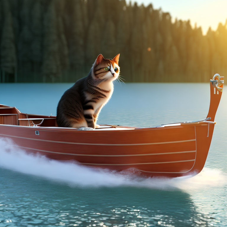 Cat in a wooden boat on serene lake at sunset