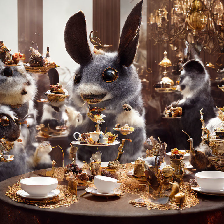 Luxurious Tea Party Setting with Anthropomorphic Rabbits and Ornate Tableware