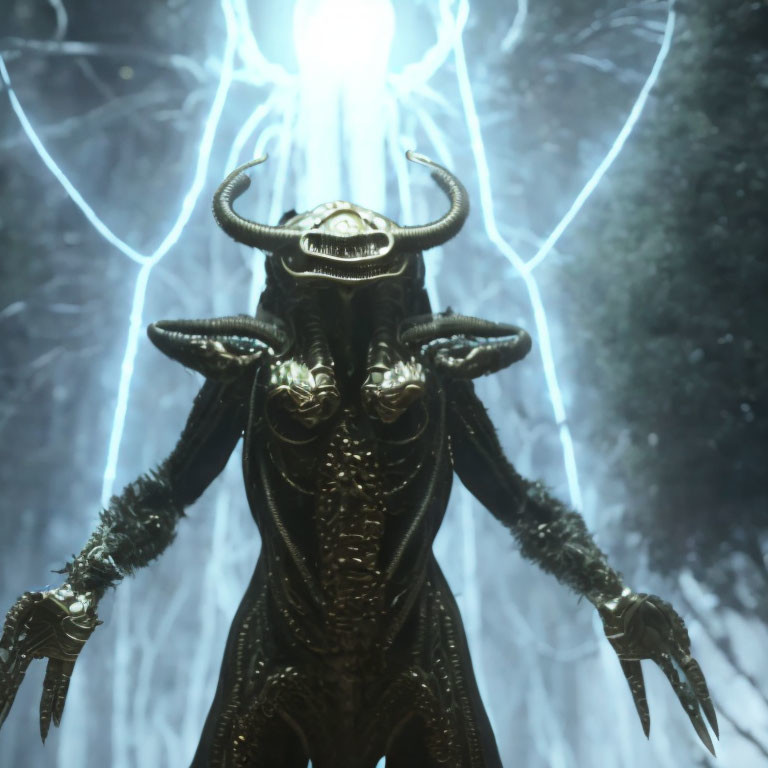 Horned creature in intricate armor illuminated in forest.