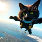 Cat in flight suit skydiving under clear sky with scattered clouds
