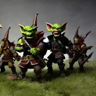 Green-skinned goblins with swords in misty forest