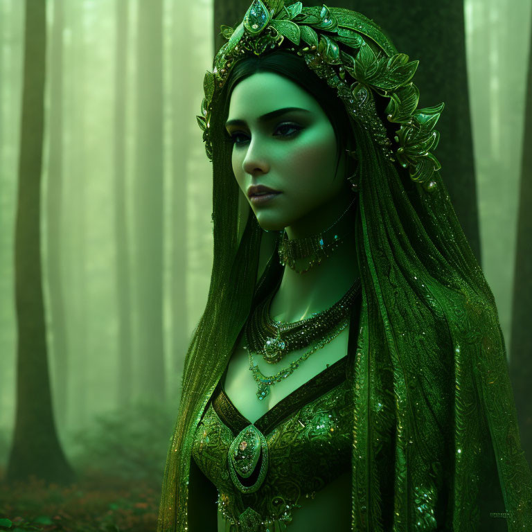 Green-skinned woman adorned in jewelry and headdress, in misty forest