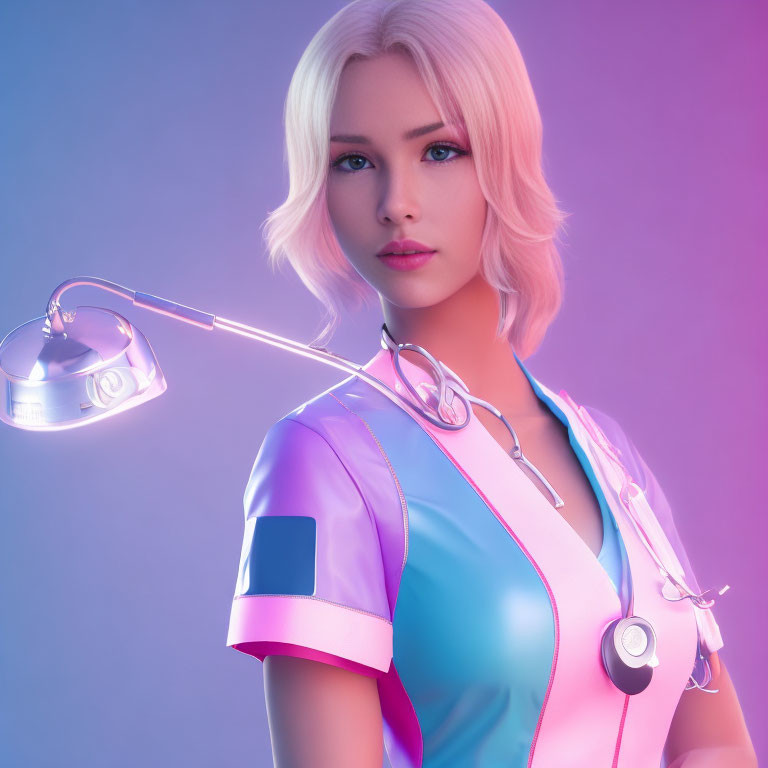 Blonde Woman in Colorful Medical Uniform with Stethoscope