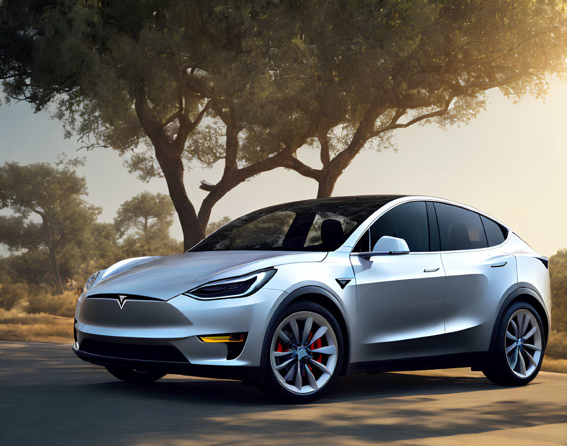 Silver Tesla Model X Parked on Sunlit Road with Trees in Background