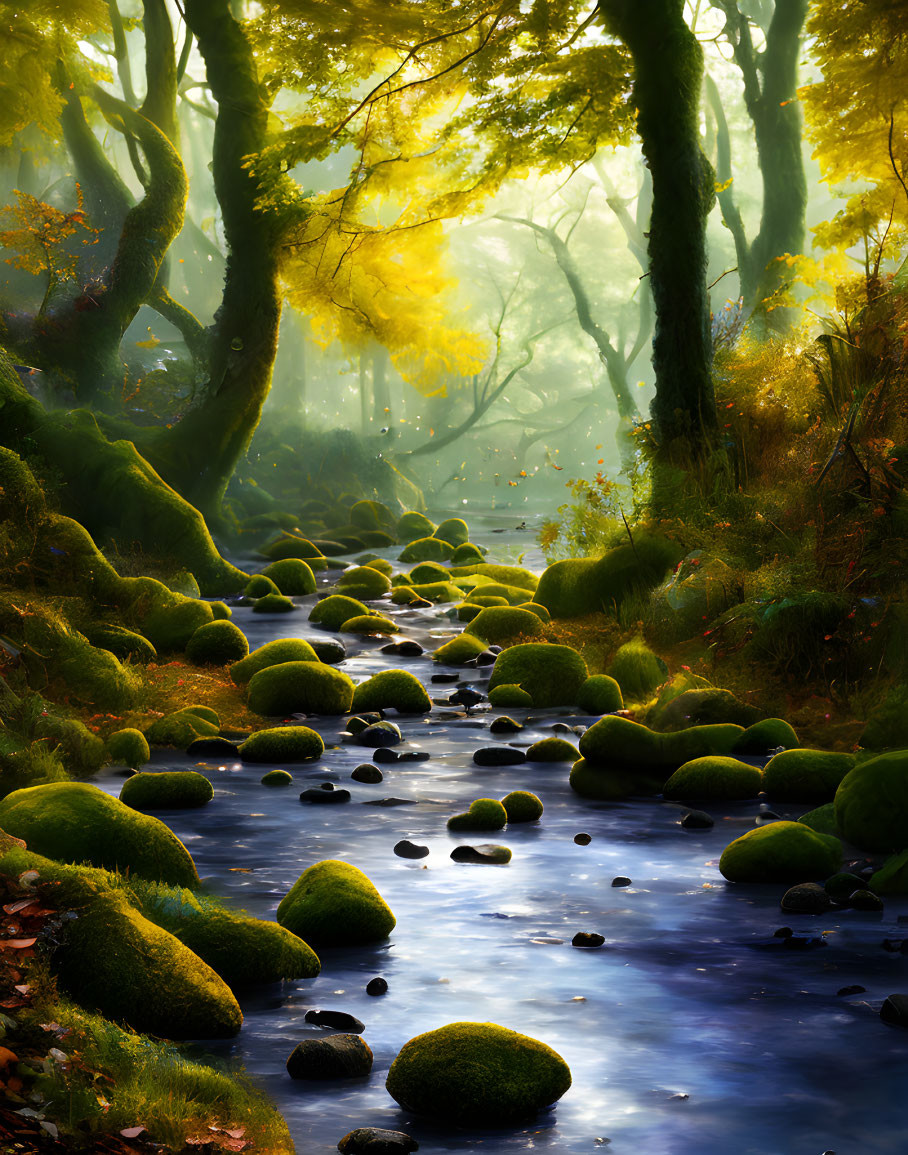Tranquil stream in moss-covered forest under autumn light