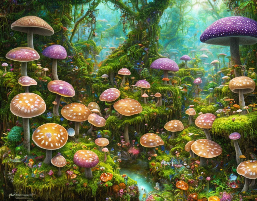 Colorful Oversized Mushroom Forest Fantasy Scene