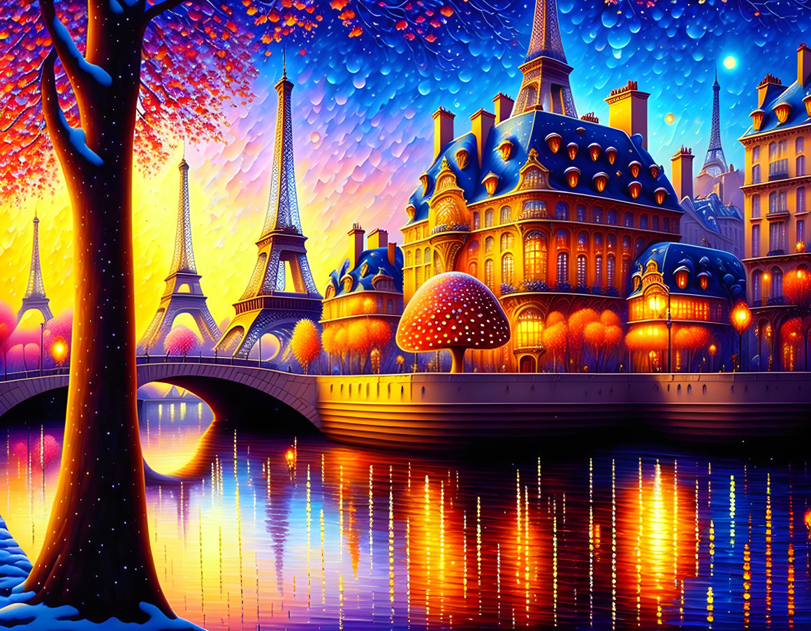 Fantasy riverside city with colorful buildings and starry night sky