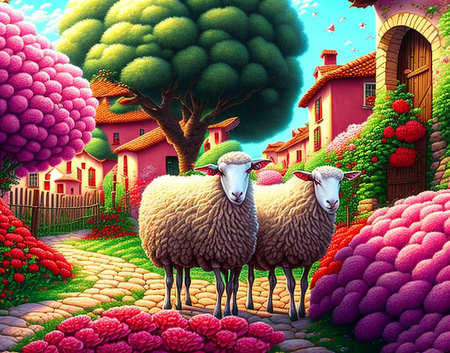 Colorful Fantasy Village with Two Sheep and Whimsical Architecture