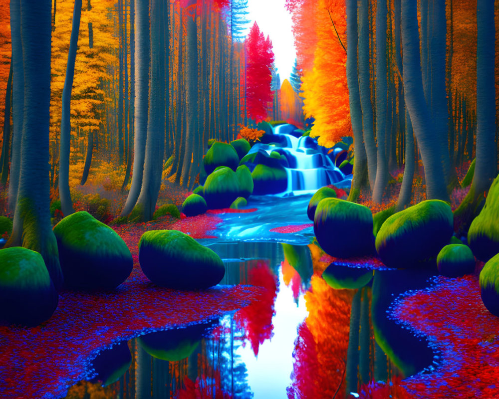 Digitally altered forest with colorful trees, waterfall, and river