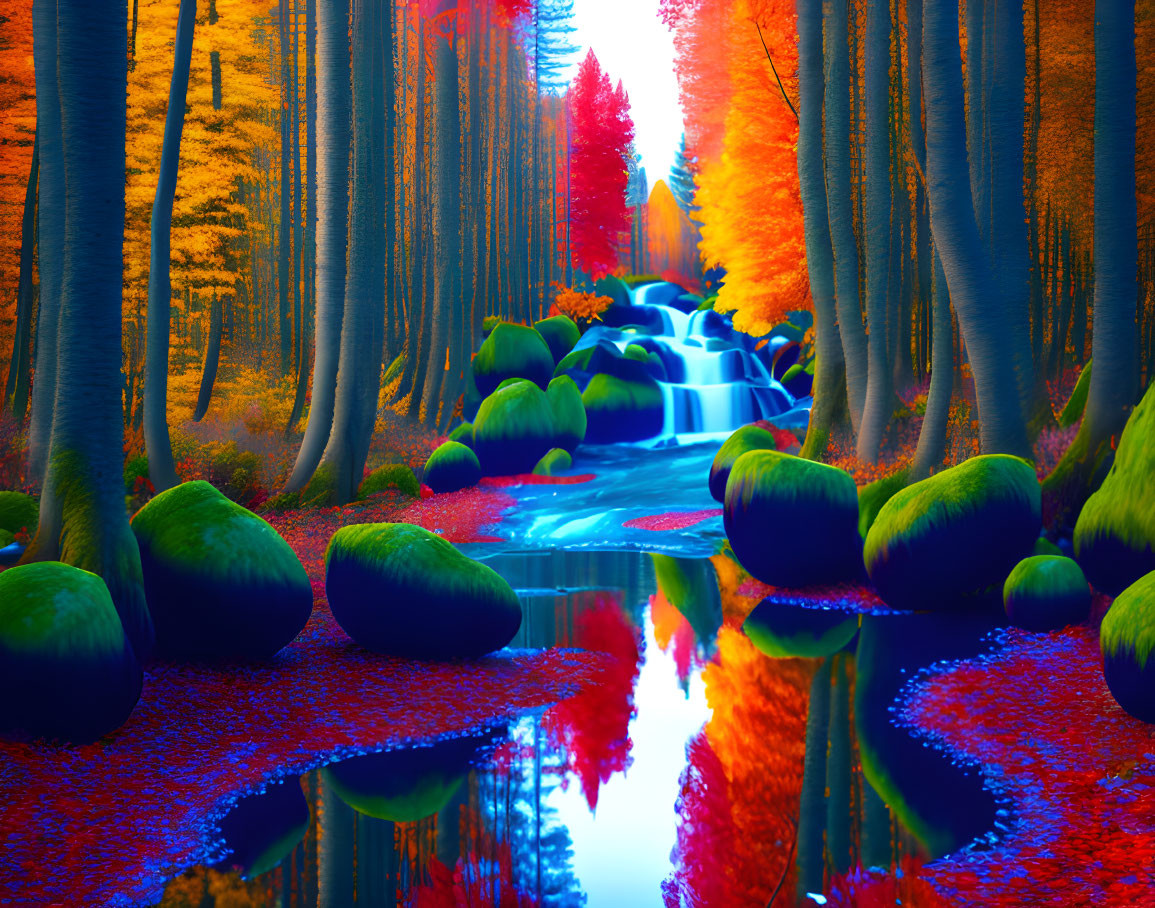 Digitally altered forest with colorful trees, waterfall, and river