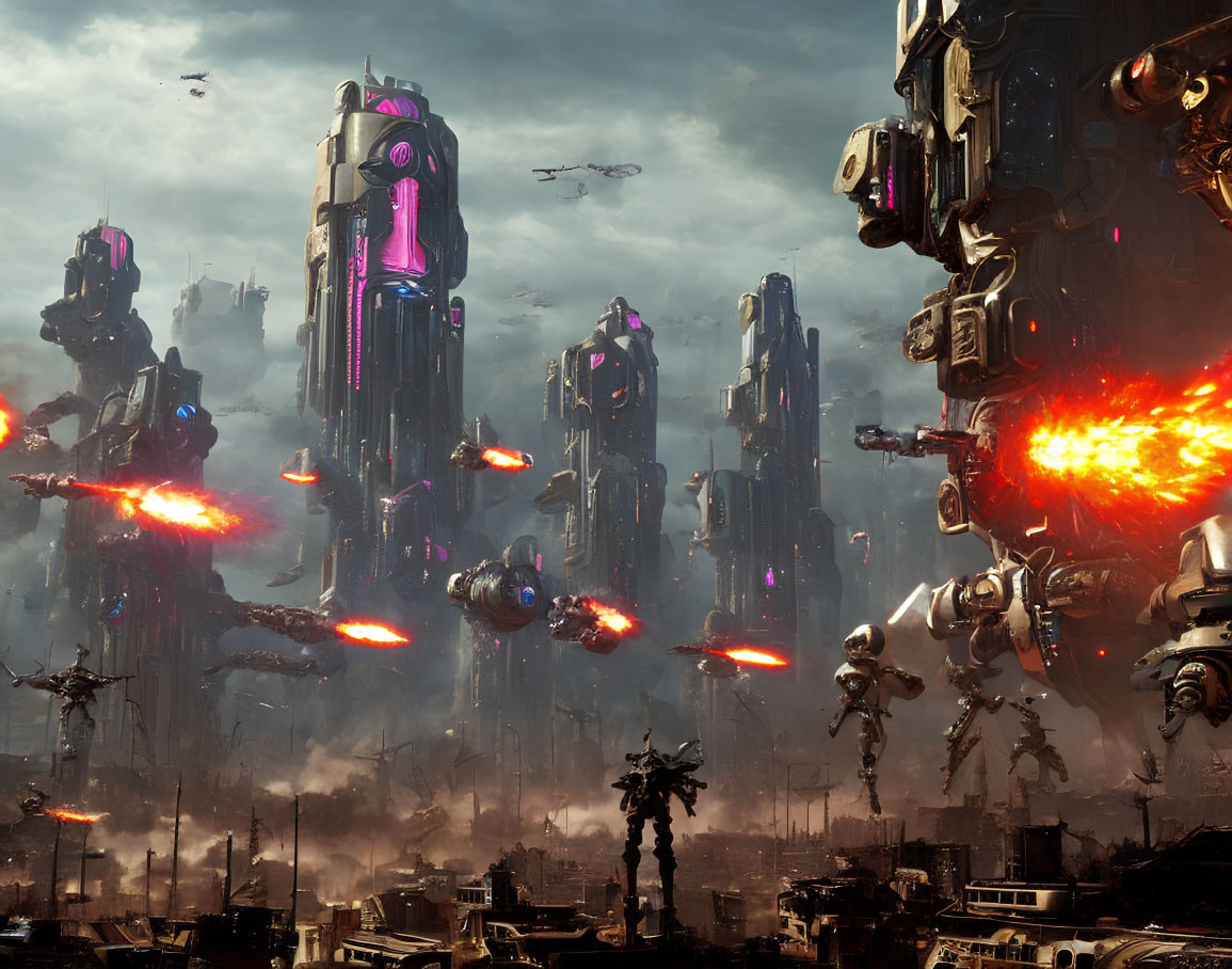 Futuristic cityscape with skyscrapers, flying vehicles, robots in chaotic battle.