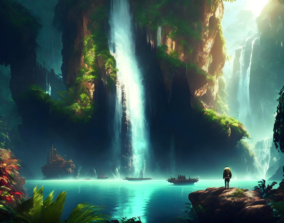 Tranquil jungle scene with person by serene waterfall