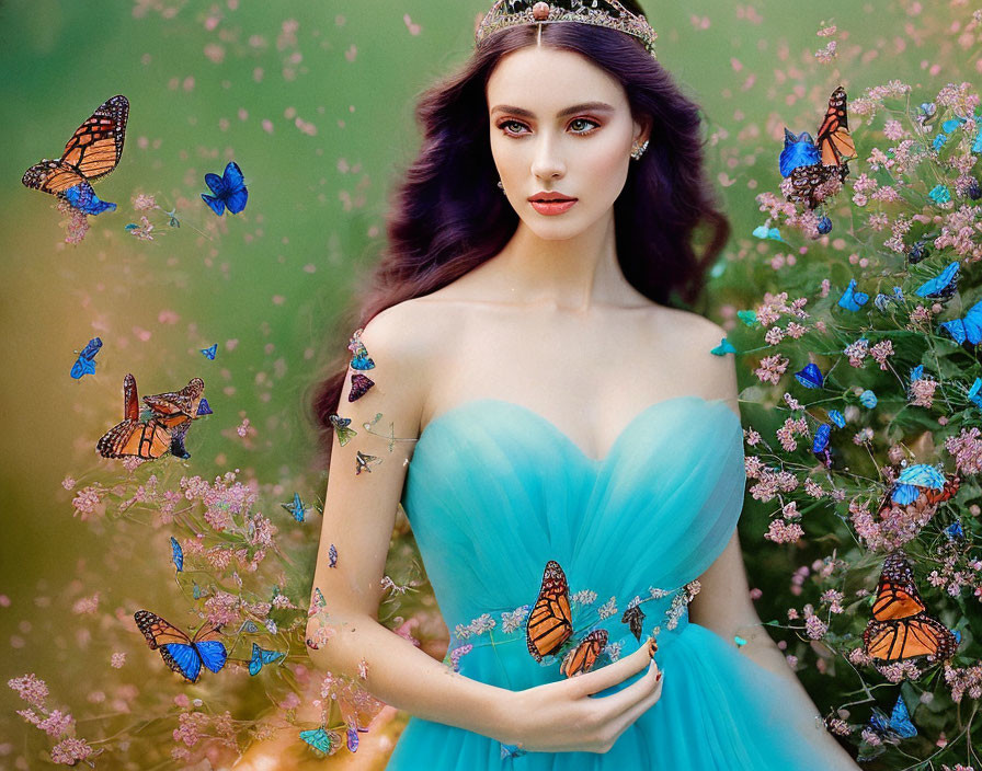 Woman in Turquoise Dress with Purple Hair Surrounded by Flowers and Butterflies