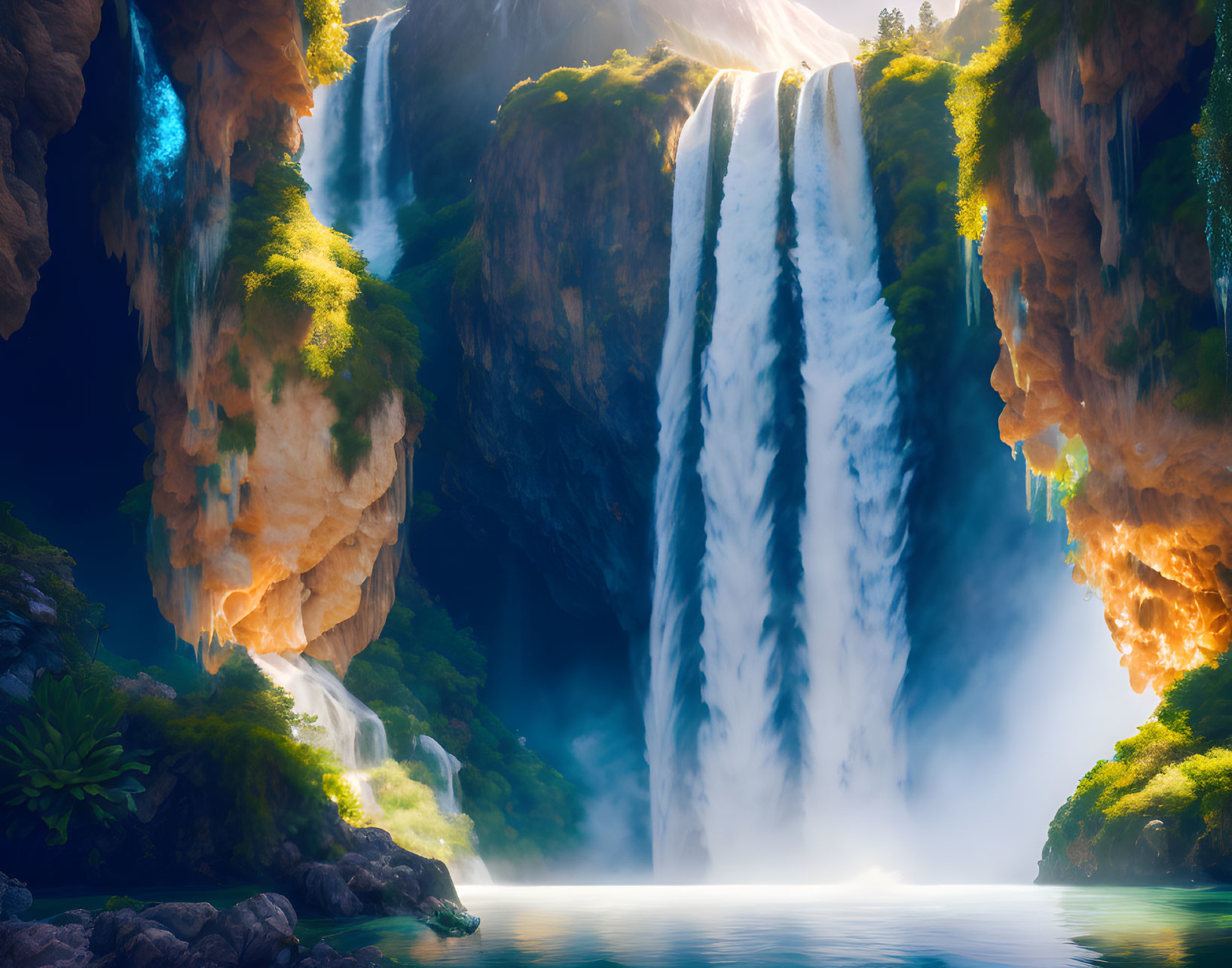 Majestic double waterfall in serene fantasy landscape