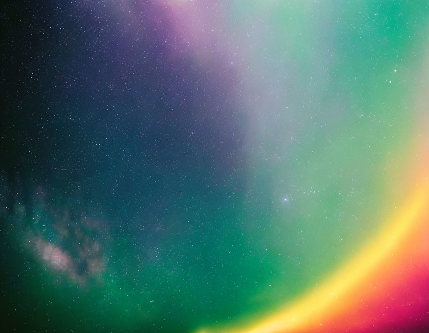 Colorful Pink, Green, and Yellow Aurora in Starry Night Sky
