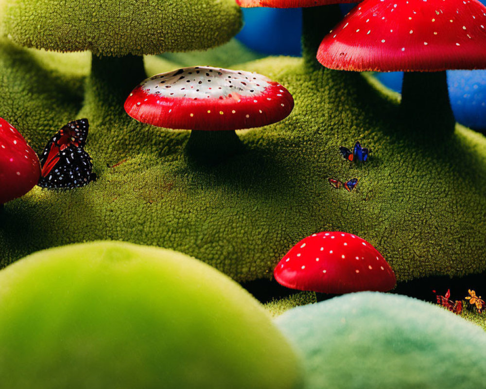 Colorful red mushrooms with white spots on mossy green background, butterflies, and tiny creatures.
