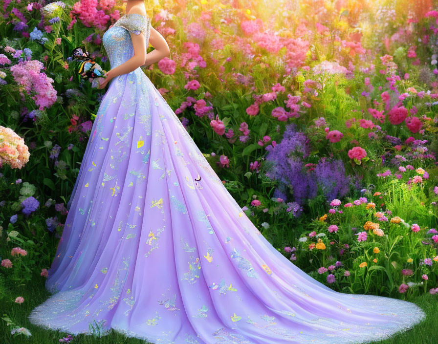Person in Sparkling Lilac Gown Surrounded by Butterflies in Flower Garden