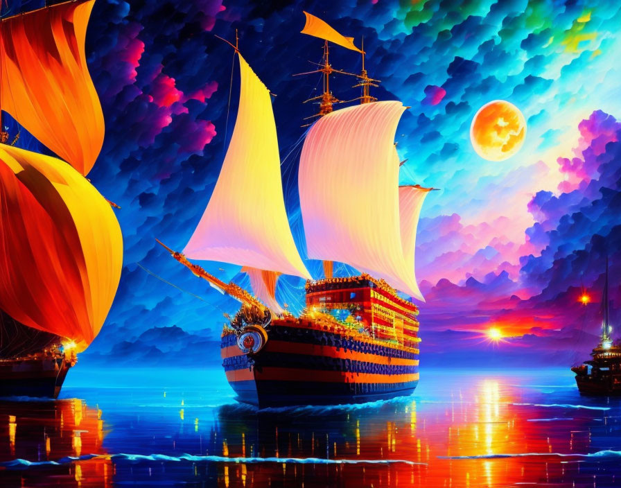 Colorful digital art of sailboat on sea with moon, sun, and ship
