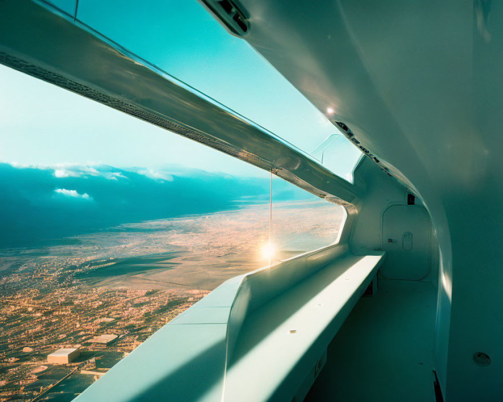 Aircraft cockpit view at sunset over cityscape and wing