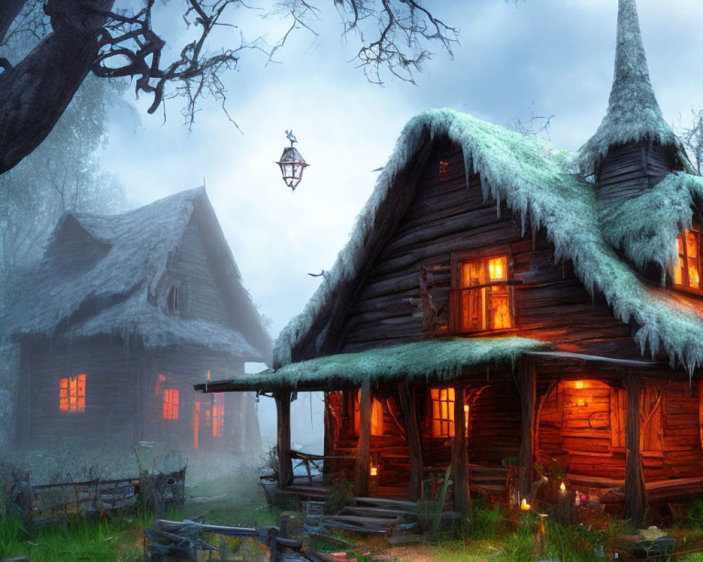 Twilight scene: Rustic cottages in foggy forest